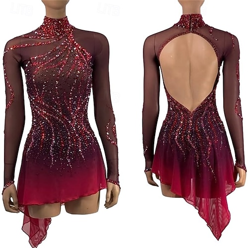 Burgundy Figure Skating Dress Long Sleeve Rhinestone Open Back Asymmetrical Competition Costume 2026