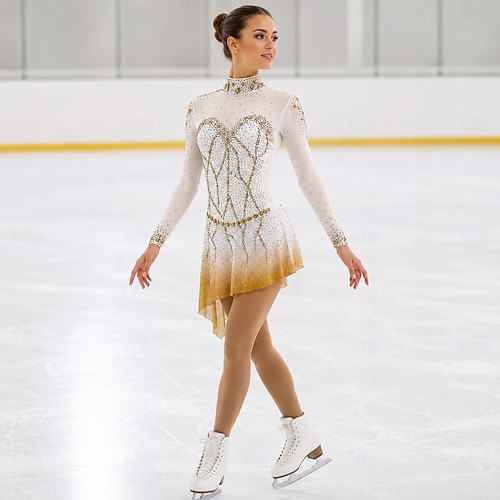 white and gold figure skating dress Rhinestone for Women & Girls, Long Sleeve Ice Skating Competition Costume with High Neck, Open Back and Asymmetrical Skirt 2026 birthday-capsule-1408