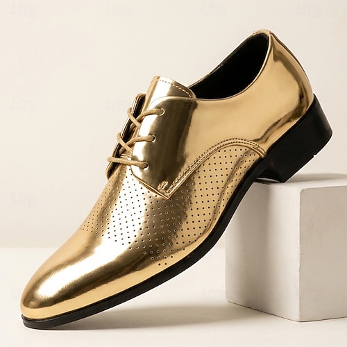 light gold dress shoes Men's Metallic Lace-Up Shoes, Perforated Wingtip Style, Luxury Formal for Grooms, Banquets, Stage Wear 2026 fitted prom dresses long