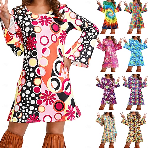 vintage 70s disco dresses 1970s Dress Black Polyester w Crisscross Silver Back Straps Size M Description Turn heads in this super fun retro 70s dress featuring a bold multicolor orange floral print and a classic tent Retro Vintage 1970s Disco Dress