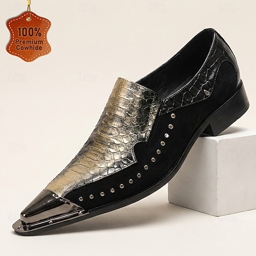 gold studded dress shoes Men's Premium Genuine Leather Black Slip-On Shoes, Pointed Toe Luxury Style for Banquets, Parties and Formal Events 2026 nike gold shoes