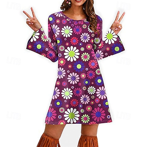 Retro Vintage 1970s Disco Dress 70s Fancy Dress Women 70s Outfits Flare Cuff Sleeve Hippie Printing Fancy Dress Women's Masquerade Party / Evening Pride Parade Pride Month Adults' Dress 2026