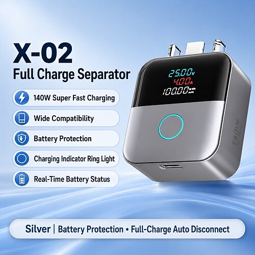 Chargeur rapide USB-C 140 W avec déconnexion automatique, séparateur de charge intelligent pour une meilleure protection de la batterie, bloc de