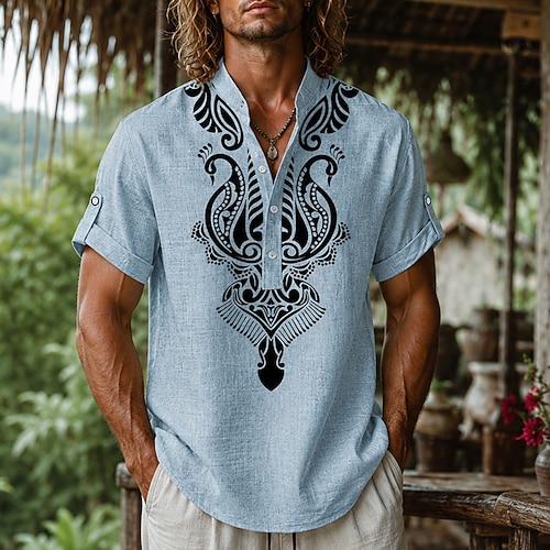 Herren Leinenhemd Popover-Hemd Vintage-Shirt Henley Hemd Ethno-Hemd Abstrakt Lässig Urlaub Blau Beige Grau Kurzarm Mandarinkragen Sommer Frühling