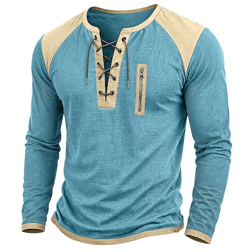 Herren T Shirt Henley Hemd T-Shirt Kurzarmshirt Langarm Crossover-Kragen Frühling Sommer Sommer Frühling Farbblock Mode Designer Basic Patchwork