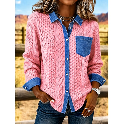 Damen Hemd Jeanshemd Bluse Patchwork Knöpfe Jeansstoff Einfarbig Elegant Urlaub Lässig Langarm Hemdkragen Normale Oberteile Lässig Rosa Sommer