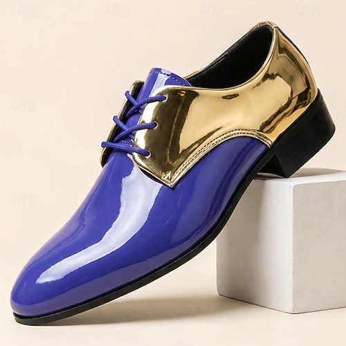 gold dress purple shoes Men's and Shoes, Glossy Pointed-Toe Lace-Up Oxfords with Color-Block Design for Stylish Men, Weddings, Parties and Stage Performances 2026 purple and gold dress casual