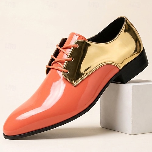 Men's Coral Orange and Gold Dress Shoes, Glossy Pointed-Toe Lace-Up Oxfords with Metallic Color-Block Design for Stylish Men, Weddings, Parties and Stage Performances 2026