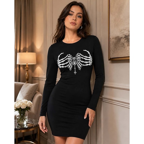 black bodycon dress halloween costumes Mini Skeleton Skull Gothic Sexy Adults' Women's Halloween Carnival Club Party Casual Daily Easy Halloween Dress Up 2026 Forest Green Bridesmaid Dresses: