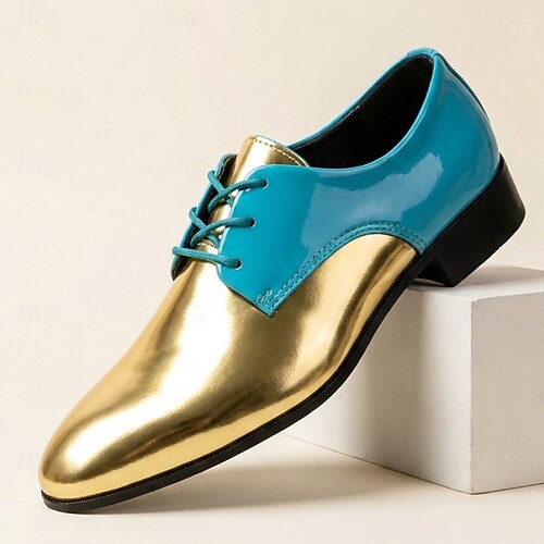 teal dress and gold shoes Men's Shoes, Metallic Pointed-Toe Lace-Up Oxfords with Color-Block Design for Stylish Men, Weddings, Parties and Stage Events 2026 shoes for teal dress