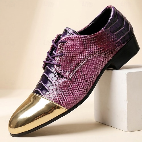 purple and gold dress shoes Men's Crocodile-Embossed Derby Shoes, Metallic Cap-Toe Statement for Trendy Men, Nightclubs, Parties Stage Events 2026 Gift Colorful
