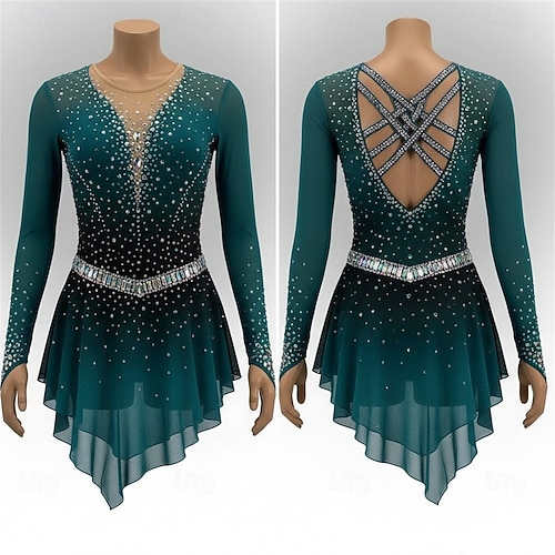 Figure Skating Dress Women's Ice Skating Dress Dark Green Patchwork Open Back Stretchy Training Competition Skating Wear Classic Crystal / Rhinestone Long Sleeve Ice Skating Figure Skating 2026