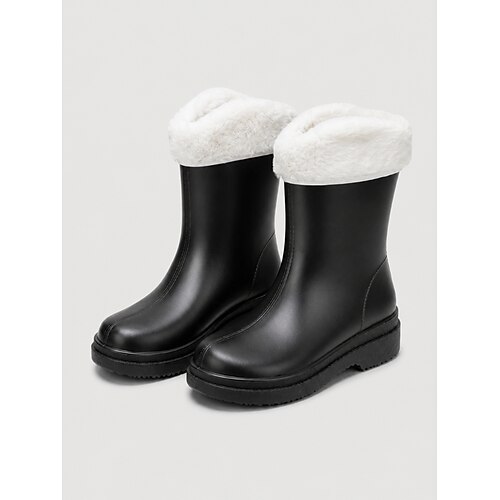 Bottes de pluie noires mi-mollet pour femme, résistantes et imperméables, avec doublure chaude amovible en peluche, idéales en toutes saisons. Ces