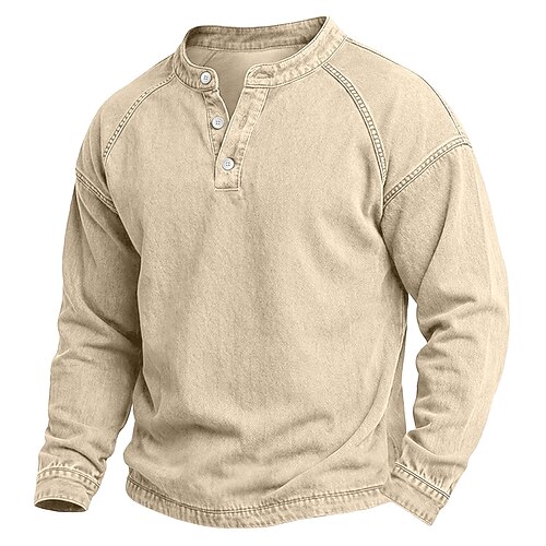 Homme T-shirt Chemise Henley Laver la chemise manche longue Henley Automne Hiver Printemps Automne Uni ancien Streetwear Occasionnel Lavé Manche