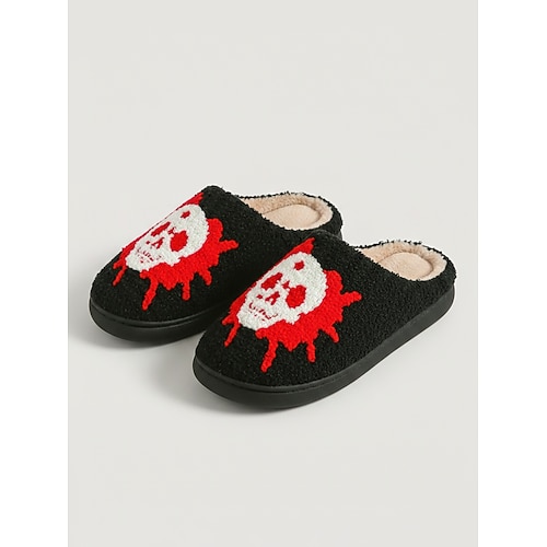 Weiße Damen-Hausschuhe mit Totenkopf-Motiv und Horror-Blutspritzer-Print, geschlossene, flauschige Pantoletten, gefütterte flache Hausschuhe für