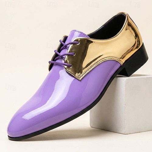 purple and gold dress shoes Men's Shoes, Glossy Pointed-Toe Lace-Up Oxfords with Metallic Color-Block Design for Fashionable Men, Weddings, Parties and Formal Events 2026 men wear purple formal shoes