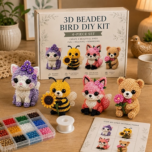 2026年 3Dビーズ動物DIYキット、4点セット（ハイランド牛、鹿