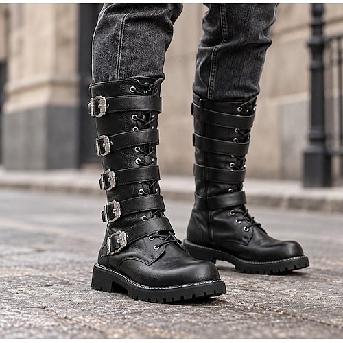 Men's Knee-High Combat Boots, Black Multi-Buckle Lace-Up Gothic