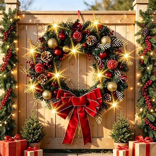 2026年 玄関ドア用20インチクリスマスリース、LEDライト付きプリライト