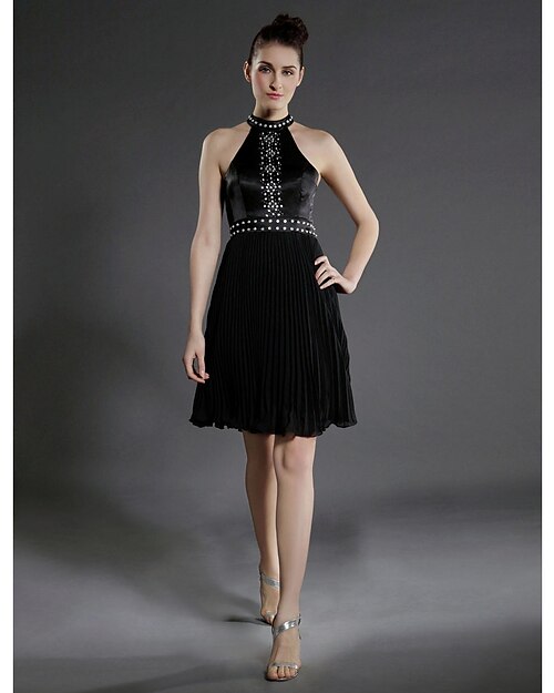 Ball Gown Little Black Dress Dress Holiday Knee Length Sleeveless High Neck Chiffon with Pleats Beading 2023
