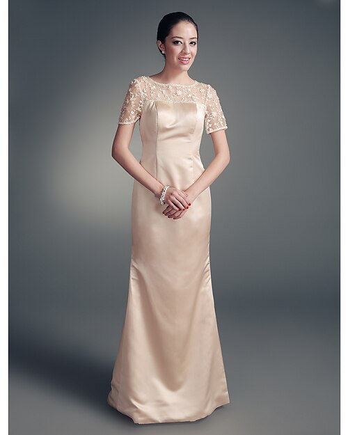 Sheath / Column Mother of the Bride Dress Wrap Included Jewel Neck Floor Length Satin Long Sleeve yes with Lace Beading 2024