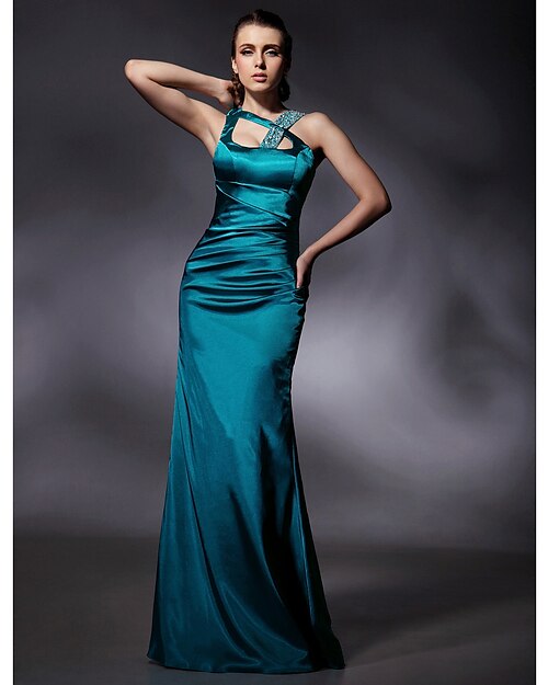 Mermaid / Trumpet Straps Floor Length Stretch Satin Dress with Beading / Side Draping by TS Couture®