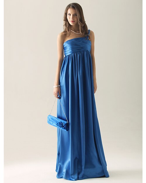 Sheath / Column One Shoulder Floor Length Charmeuse Bridesmaid Dress with Pleats / Ruched / Draping