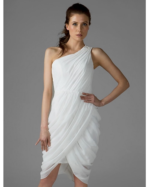 Sheath / Column Bridesmaid Dress One Shoulder Sleeveless Sexy Knee Length Chiffon with Side Draping 2022