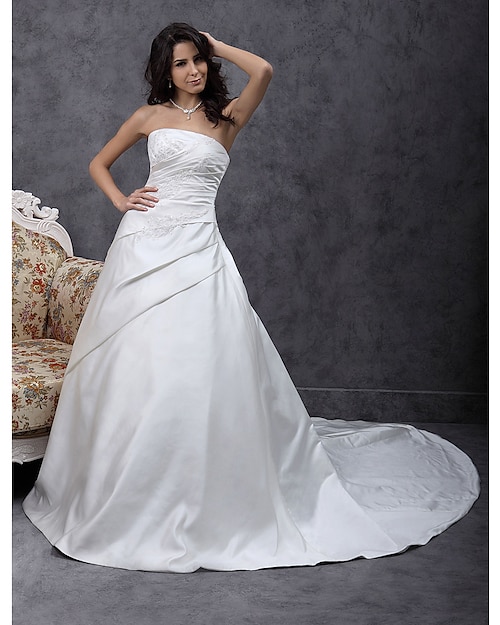 Esküvői ruhák A-vonalú Pánt nélküli Ujjatlan Kápolnauszály Szatén Menyasszonyi ruhák Val vel Gyöngydíszítés Rátétek 2024