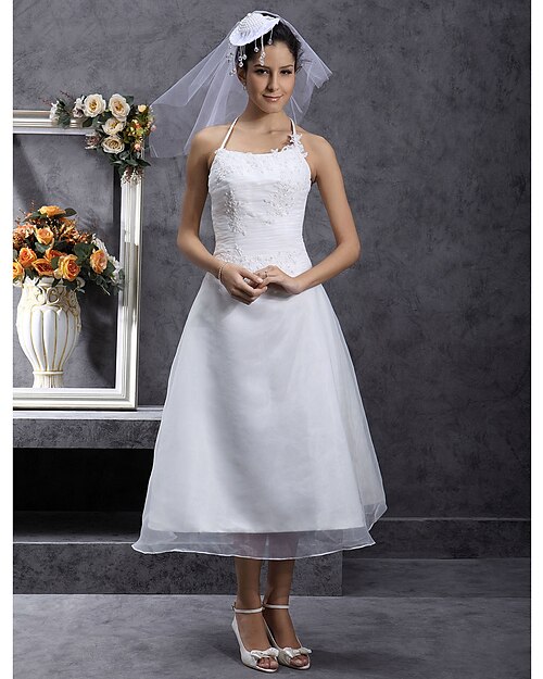 A-Line Wedding Dresses Spaghetti Strap Tea Length Organza Sleeveless Little White Dress with Lace Ruched Beading 2020