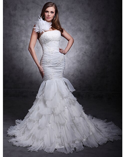 Mermaid / Trumpet Wedding Dresses One Shoulder Court Train Organza Satin Sleeveless with Beading Appliques Flower 2020