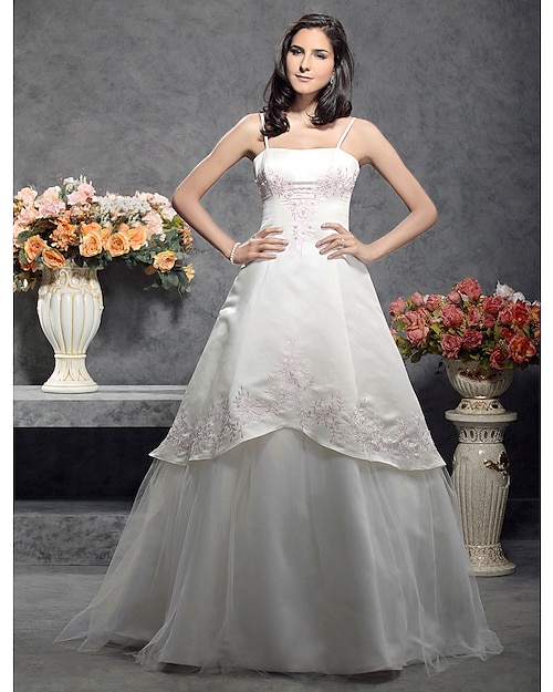 Hall Wedding Dresses A-Line Square Neck Camisole Spaghetti Strap Floor Length Satin Bridal Gowns With 2024