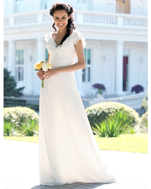 Trompeta / Sirena Escote en Pico Hasta el Suelo Raso Manga Corta Formal Vestidos Blancos Vestidos de novia con Fruncido 2020