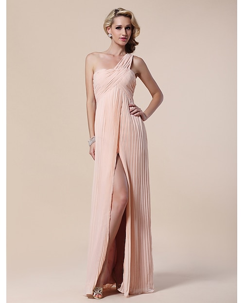 Sheath / Column One Shoulder Floor Length Chiffon / Stretch Satin Dress with Side Draping / Split Front / Criss Cross by TS Couture®