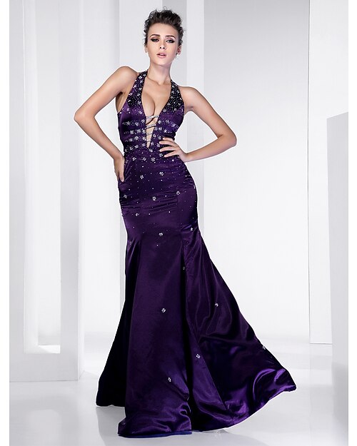 Mermaid / Trumpet Open Back Dress Formal Evening Military Ball Floor Length Sleeveless Plunging Neck Satin with Beading Draping 2023
