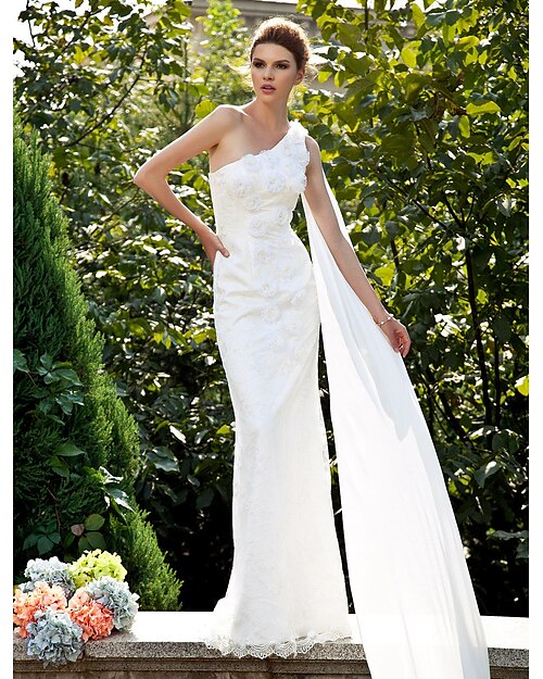 Esküvői ruhák Harang fazon Félvállas Ujjatlan Seprűuszály Csipke Menyasszonyi ruhák Val vel Virág 2024