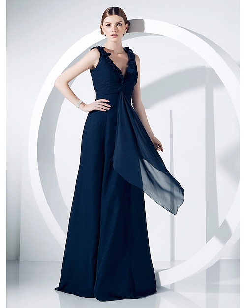 Ball Gown Elegant Formal Evening Military Ball Dress V Neck Sleeveless Floor Length Chiffon with Ruched Ruffles Draping 2022