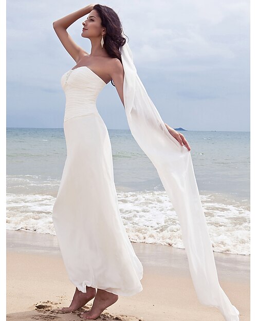 Sheath / Column Wedding Dresses Sweetheart Neckline Ankle Length Chiffon Strapless Formal Beach Plus Size with Ruched Beading 2021