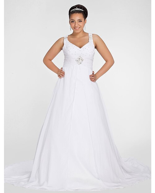 A-Line Wedding Dresses V Neck Chapel Train Chiffon Regular Straps Formal Sparkle & Shine Plus Size with Ruched Beading Draping 2022