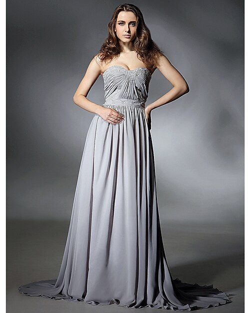 A-Line Celebrity Style Dress Prom Sweep / Brush Train Sleeveless Sweetheart Neckline Chiffon with Pleats Beading Draping 2022 / Formal Evening