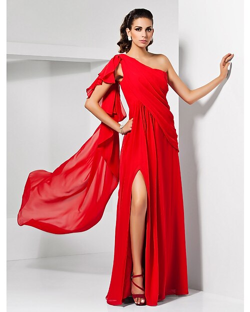 slire rød grønn kjole empire bryllupsgjest formell aftenkjole én skulder ermeløs gulvlengde chiffon med draperingsspalte 2024