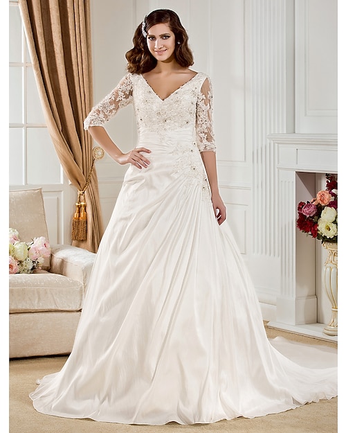 Wedding Dresses Ball Gown V Neck Half Sleeve Chapel Train Taffeta Bridal Gowns With Ruched Beading 2024
