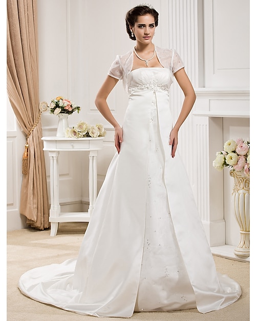 Hall Wedding Dresses A-Line Strapless Sleeveless Court Train Satin Bridal Gowns With 2024