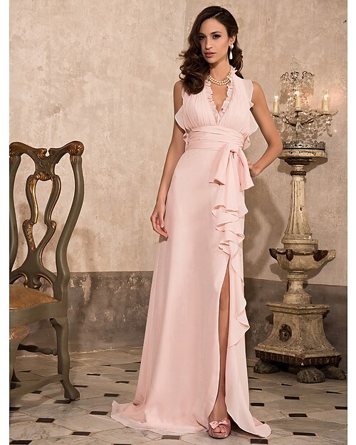 Sheath / Column Open Back Dress Prom Sweep / Brush Train Sleeveless Plunging Neck Chiffon with Bow(s) Ruched Ruffles 2022