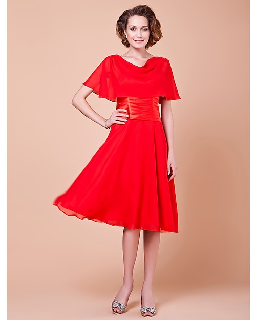 A-Line Cowl Neck Knee Length Chiffon Mother of the Bride Dress with Buttons / Ruched by LAN TING BRIDE®