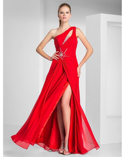 Sheath / Column Cut Out Prom Formal Evening Military Ball Dress One Shoulder Sleeveless Floor Length Chiffon with Beading Draping Side Draping 2022 / Split Front