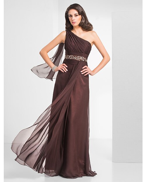Sheath / Column Elegant Dress Prom Formal Evening Floor Length Sleeveless One Shoulder Chiffon with Ruched Beading 2023