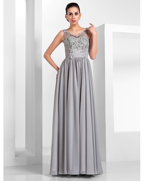 A-Line Elegant Formal Evening Dress Illusion Neck Sleeveless Floor Length Chiffon Tulle with Appliques 2021
