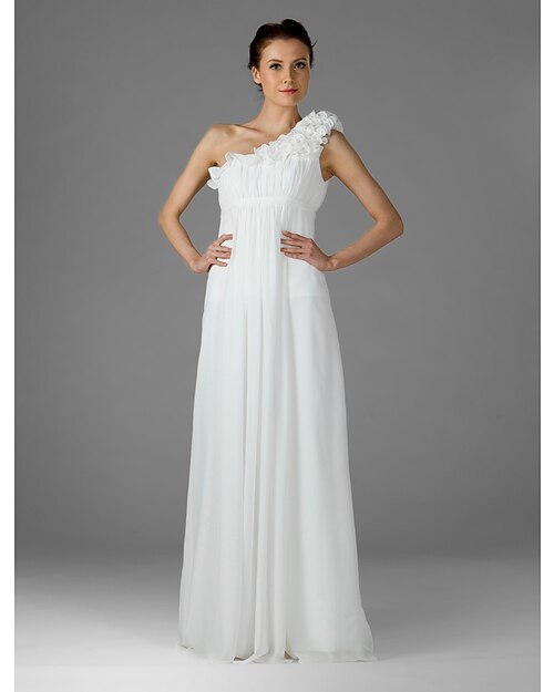 Sheath / Column Bridesmaid Dress One Shoulder Sleeveless Elegant Floor Length Chiffon with Ruffles / Draping 2022