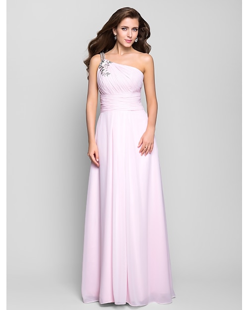 A-Line Open Back Dress Prom Formal Evening Floor Length Sleeveless One Shoulder Chiffon with Beading Draping Side Draping 2023